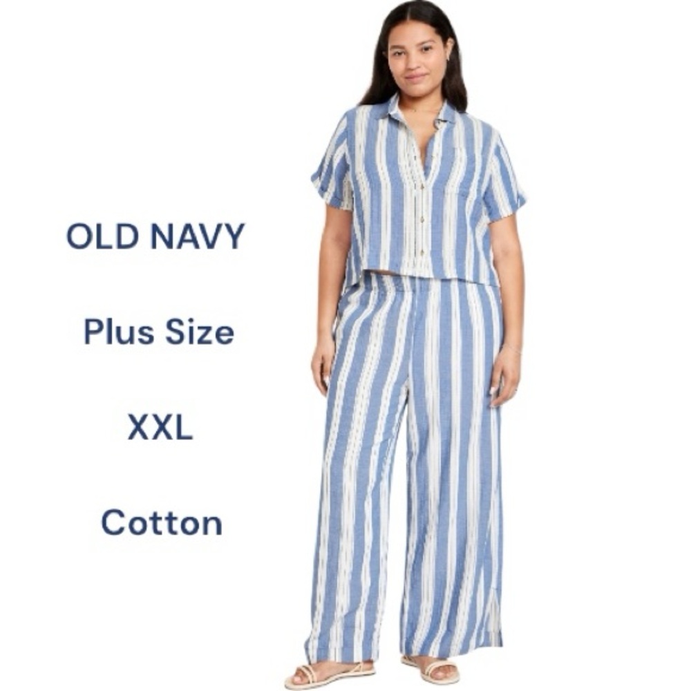 Old Navy Cotton Pants High-Waist Striped Gauze Blue White Comfort Waist XXL